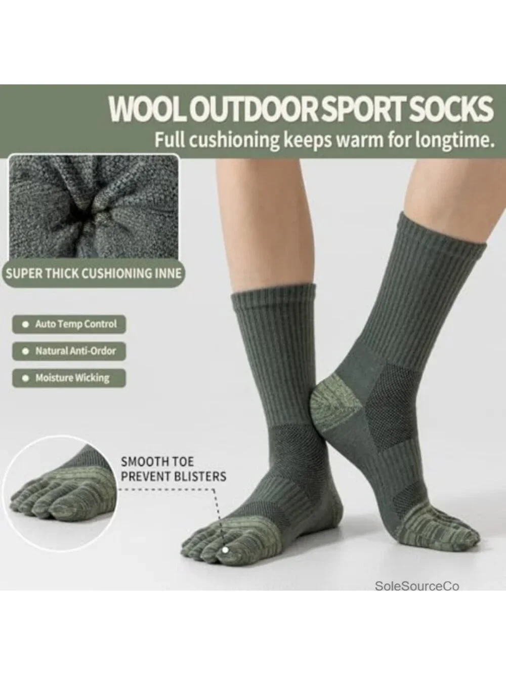 Merino Wool Toe Socks for Hiking Men Women, Crew Five Finger Socks